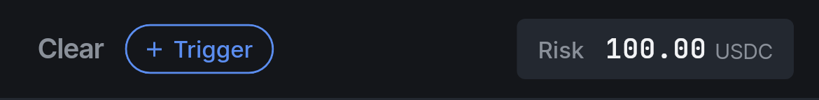 The setup strip with a trade drawn: clear, add a trigger, and the risk badge